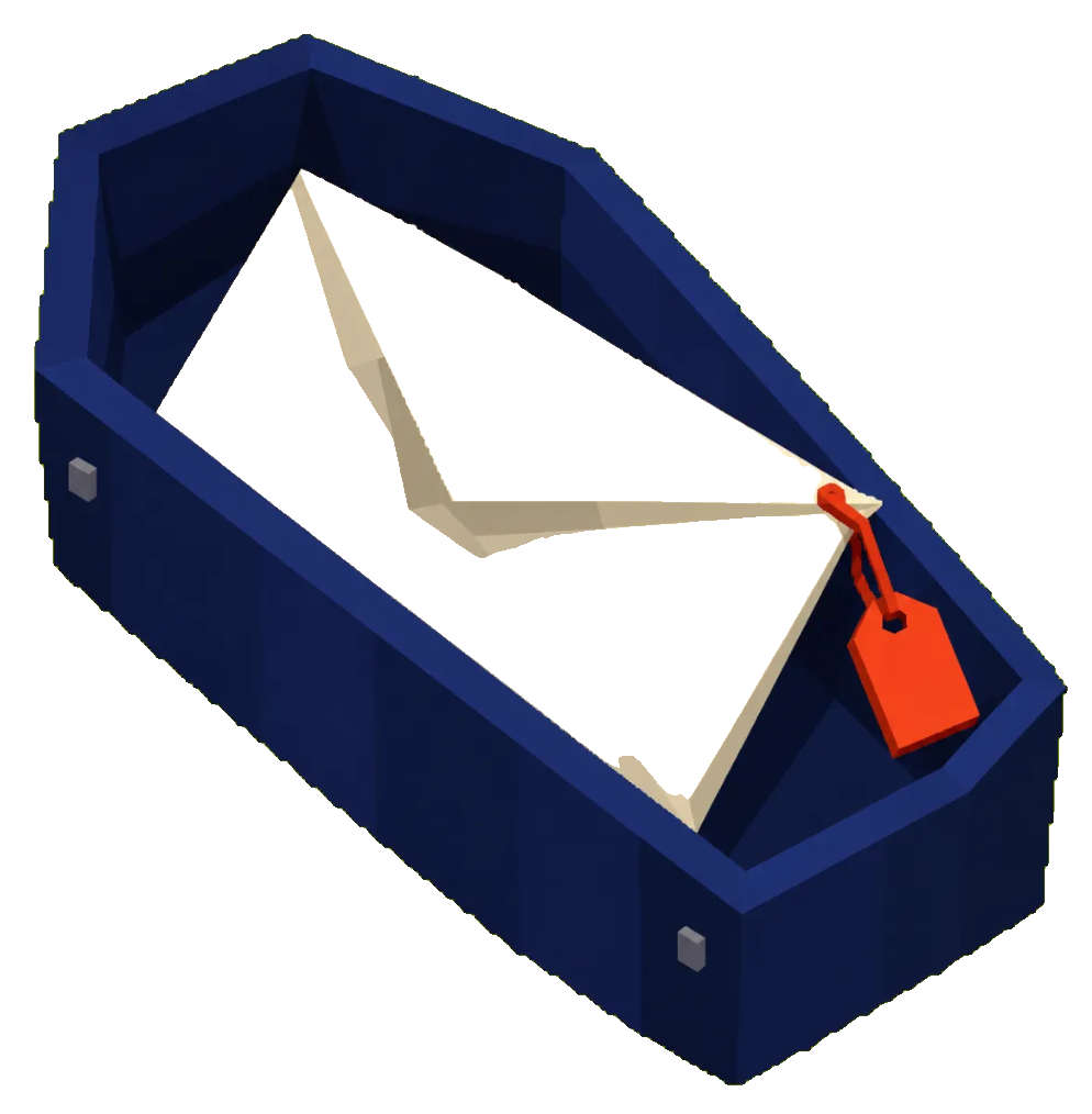 The navy coffin with its sealed envelope and red tag, on transparent background.
